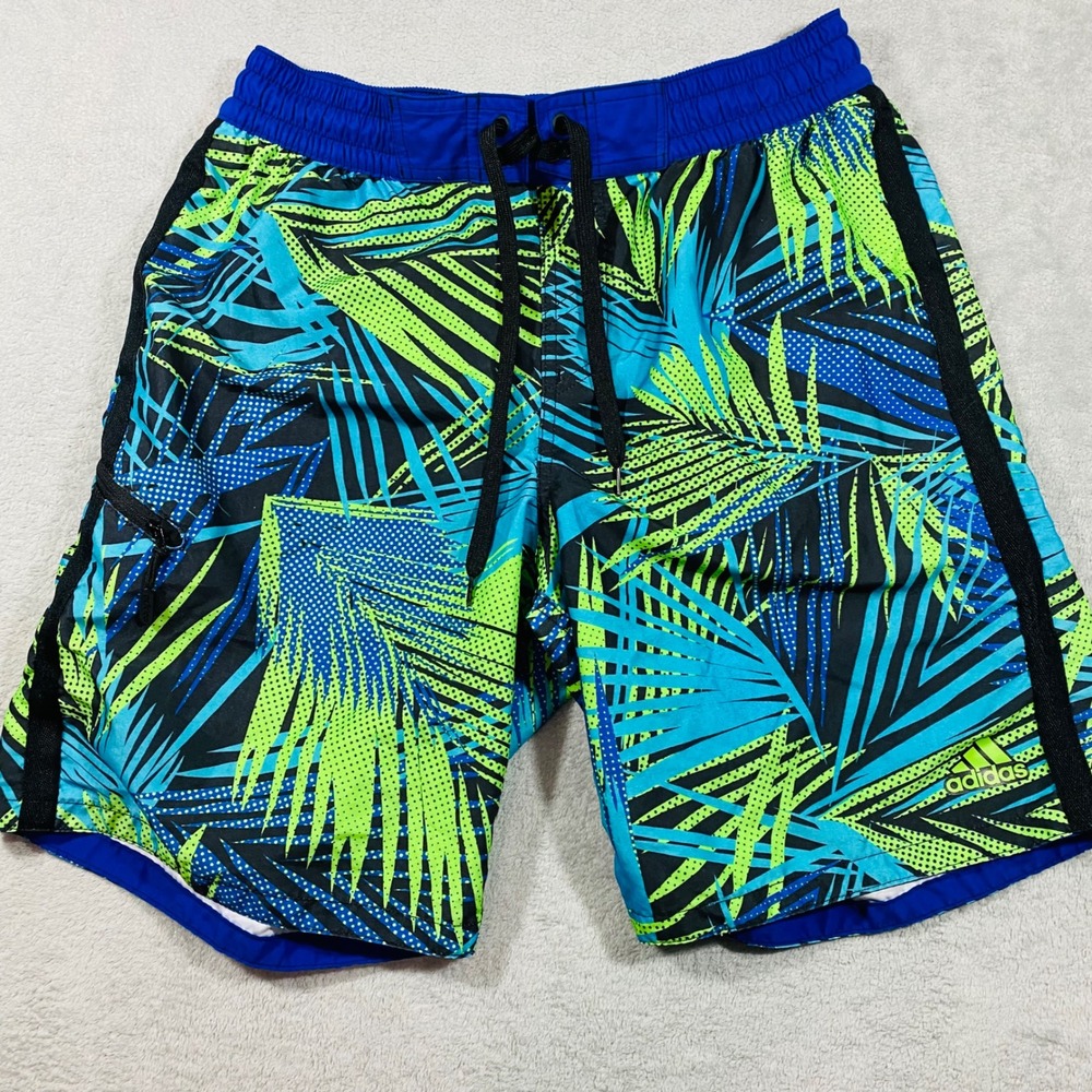 Adidas Swim Trunks Mens Size Medium Blue Green Tropical Palm Leaf‎ Board Shorts